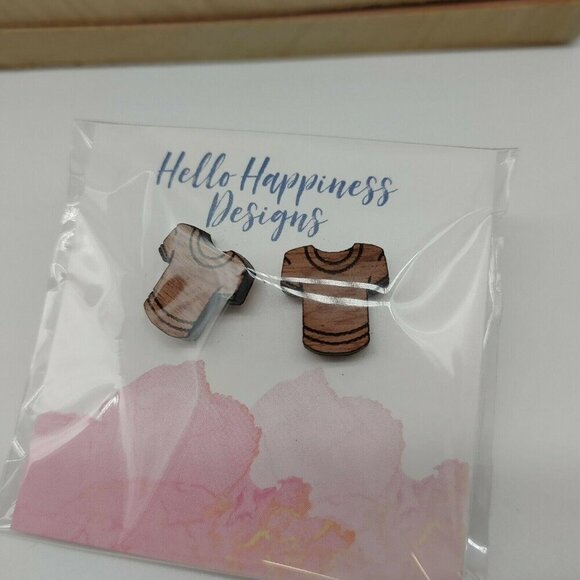 Wooden T-Shirt Stud Earrings By Hello Happiness Designs Hand Drawn Lazer Cut - Picture 5 of 6